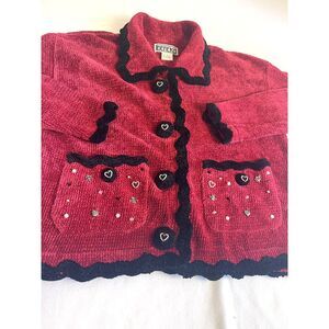 Vintage Berek Valentines Embellished Novelty Knit Cardigan Sweater S Red Black